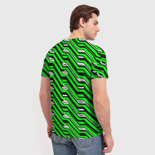 Мужская футболка 3D с принтом Чёрно-зелёный линейный узор киберпанк, вид сзади #2