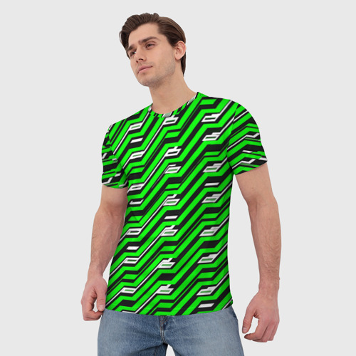 Мужская футболка 3D с принтом Чёрно-зелёный линейный узор киберпанк, фото на моделе #1