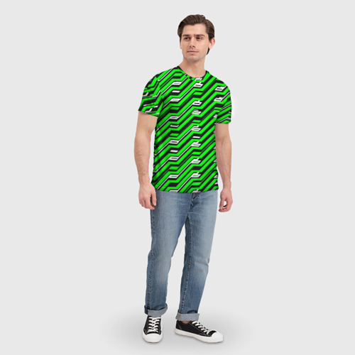 Мужская футболка 3D с принтом Чёрно-зелёный линейный узор киберпанк, вид сбоку #3