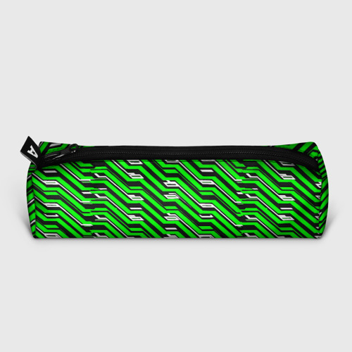 Пенал школьный 3D с принтом Чёрно-зелёный линейный узор киберпанк, вид сзади #1