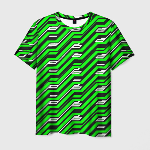 Мужская футболка 3D с принтом Чёрно-зелёный линейный узор киберпанк, вид спереди #2