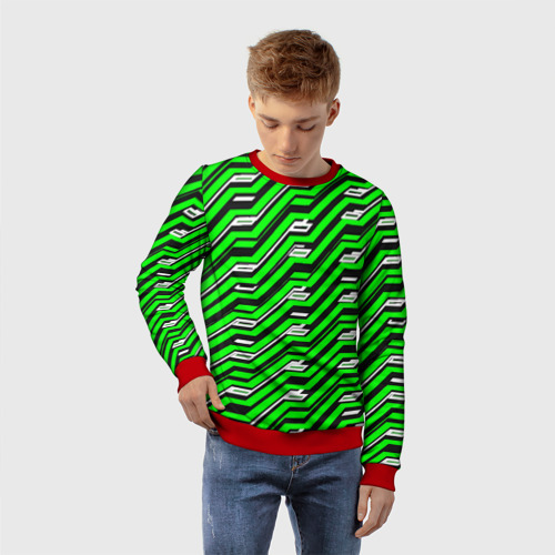 Детский свитшот 3D с принтом Чёрно-зелёный линейный узор киберпанк, фото на моделе #1