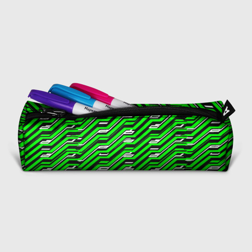 Пенал школьный 3D с принтом Чёрно-зелёный линейный узор киберпанк, фото на моделе #1