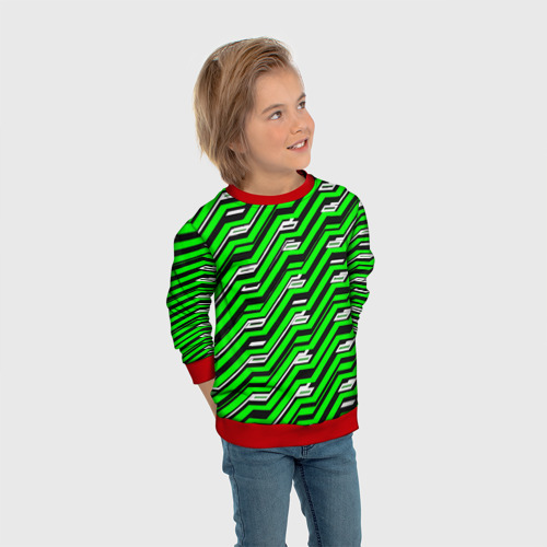 Детский свитшот 3D с принтом Чёрно-зелёный линейный узор киберпанк, вид сбоку #3