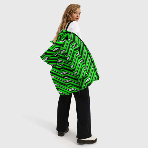 Женская зимняя куртка 3D с принтом Чёрно-зелёный линейный узор киберпанк, вид сбоку #3