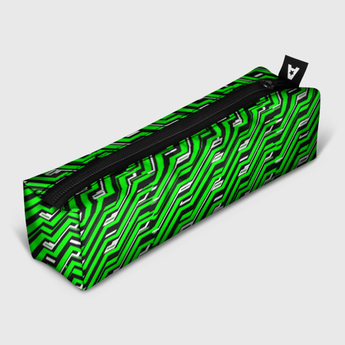 Пенал школьный 3D с принтом Чёрно-зелёный линейный узор киберпанк, вид спереди #2