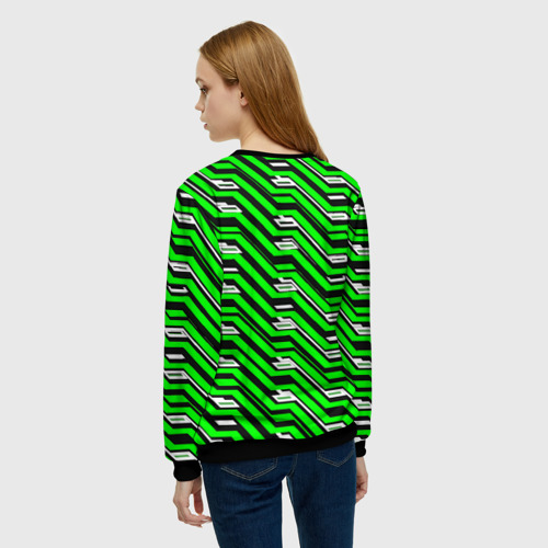 Женский свитшот 3D с принтом Чёрно-зелёный линейный узор киберпанк, вид сзади #2