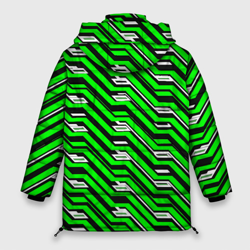 Женская зимняя куртка 3D с принтом Чёрно-зелёный линейный узор киберпанк, вид сзади #1