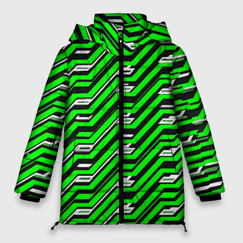Женская зимняя куртка 3D с принтом Чёрно-зелёный линейный узор киберпанк, вид спереди #2