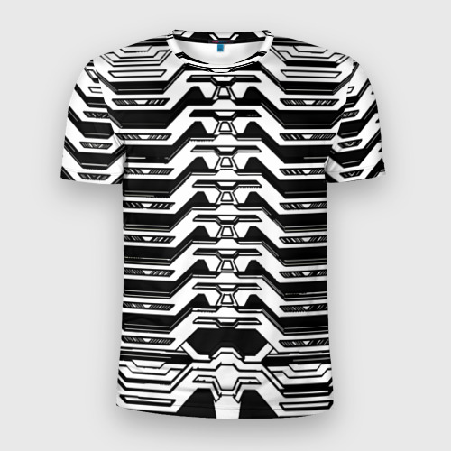 Мужская футболка 3D Slim с принтом Чёрно-белая киберпанк броня, вид спереди #2