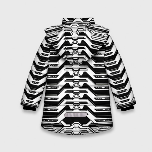 Зимняя куртка для девочек 3D с принтом Чёрно-белая киберпанк броня, вид сзади #1