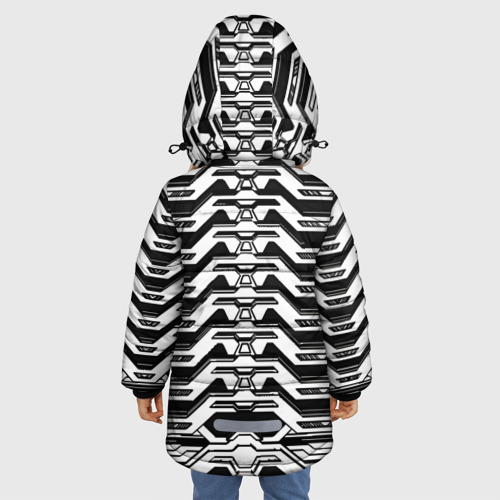 Зимняя куртка для девочек 3D с принтом Чёрно-белая киберпанк броня, вид сзади #2