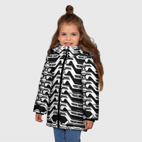 Зимняя куртка для девочек 3D с принтом Чёрно-белая киберпанк броня, фото на моделе #1