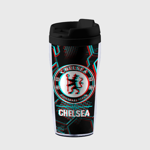 Термокружка-непроливайка Chelsea FC в стиле glitch на темном фоне