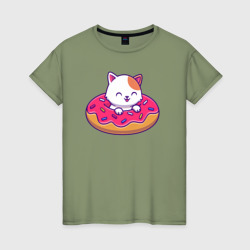 Котик и пончик – Женская футболка хлопок с принтом купить со скидкой в -20%
