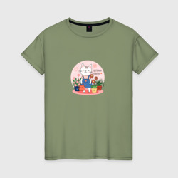 Женская футболка хлопок Цветочная кошка