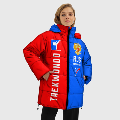 Женская зимняя куртка 3D с принтом Тхэквондо синий и красный, фото на моделе #1