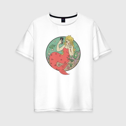 Женская футболка оверсайз из хлопка с принтом Русалка делает селфи, вид спереди №1