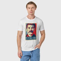 Футболка с принтом Face Stalin для мужчины, вид на модели спереди №2. Цвет основы: белый