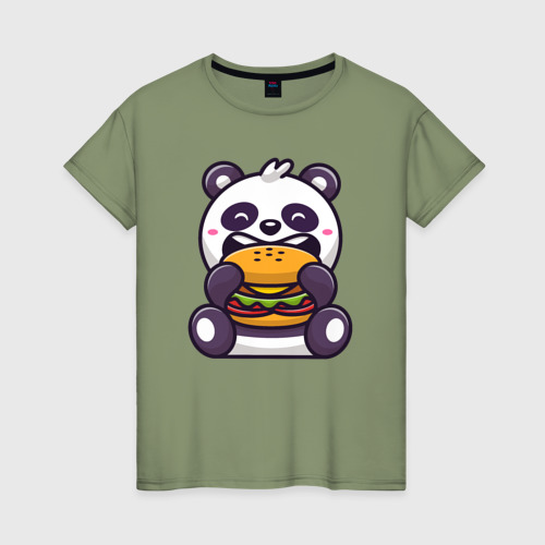 Женская футболка хлопок Панда ест гамбургер, цвет авокадо