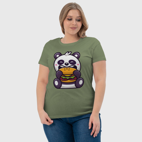 Женская футболка хлопок Панда ест гамбургер, цвет авокадо - фото 6