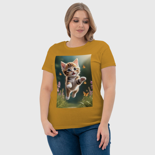 Женская футболка хлопок Парящий котик, цвет горчичный - фото 6