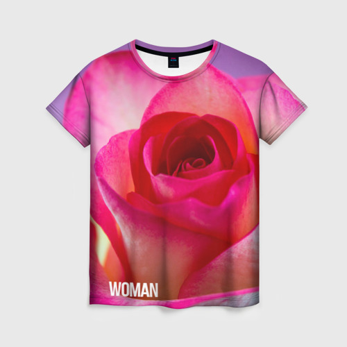 Женская футболка с принтом Розовая роза - woman, вид спереди №1