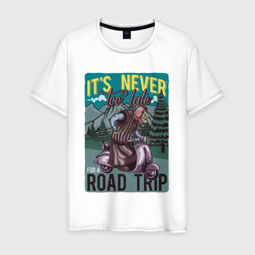 Мужская футболка из хлопка с принтом Бабушка на скутере - road trip, вид спереди №1