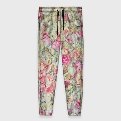 Женские брюки с принтом Много роз белых и розовых, вид спереди №1