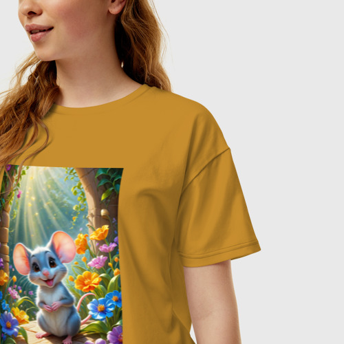 Женская футболка хлопок Oversize Мышонок, цвет горчичный - фото 3