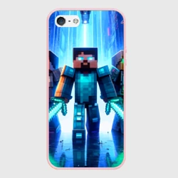 Чехол для iPhone 5/5S матовый Майнкрафт и киберпанк - коллаба
