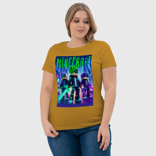 Женская футболка хлопок Cyberpunk and Minecraft - collaboration, цвет горчичный - фото 6