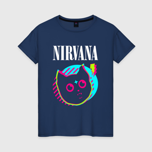 Женская футболка из хлопка с принтом Nirvana rock star cat, вид спереди №1