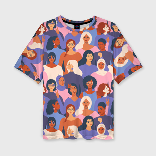 Женская футболка оверсайз с принтом Девушки разные, вид спереди №1