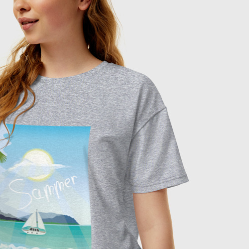 Женская футболка хлопок Oversize Яхта в море летом и пляж, цвет меланж - фото 3