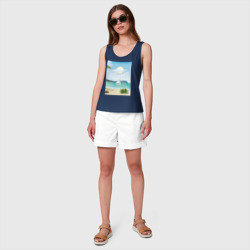 Майка с принтом Яхта в море летом и пляж для женщины, вид на модели спереди №3. Цвет основы: темно-синий