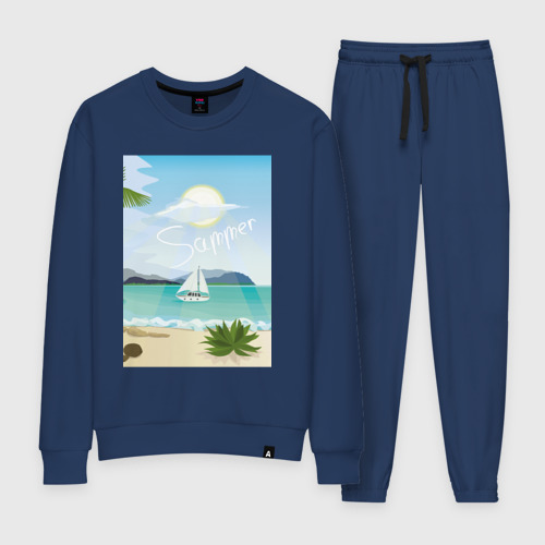 Женский костюм хлопок Яхта в море летом и пляж, цвет темно-синий