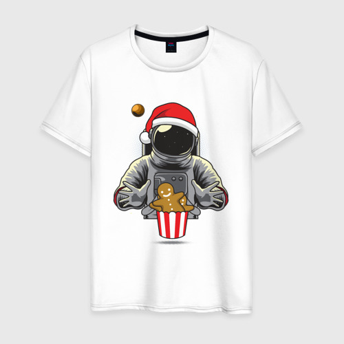 Мужская футболка из хлопка с принтом Космонавт и пряничный человечек, вид спереди №1