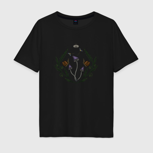 Мужская футболка хлопок Oversize Фиолетовые грибы и улитки, цвет черный