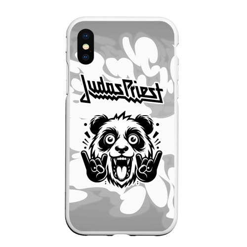 Чехол для iPhone XS Max матовый Judas Priest рок панда на светлом фоне