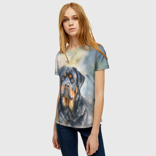 Женская футболка 3D с принтом Акварельный ротвейлер, фото на моделе #1