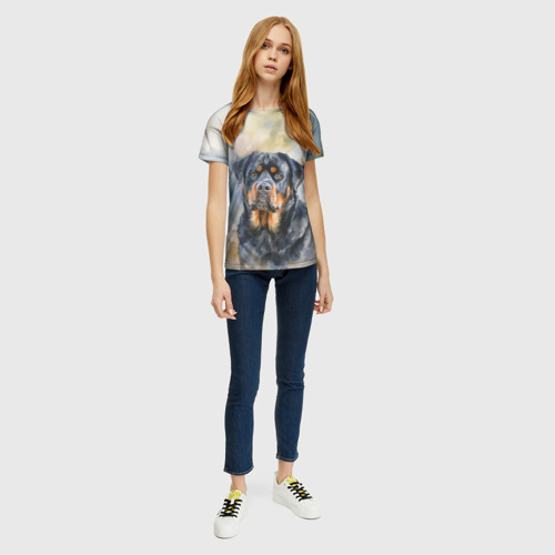 Женская футболка 3D с принтом Акварельный ротвейлер, вид сбоку #3