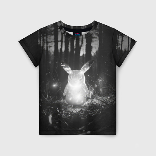 Детская футболка с принтом Пикачу в темном лесу, вид спереди №1