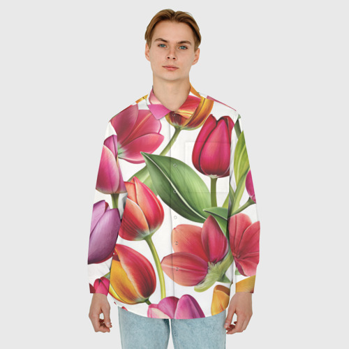 Мужская рубашка oversize 3D Паттерн с тюльпанами, цвет белый - фото 3