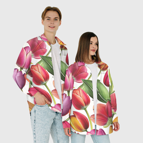 Мужская рубашка oversize 3D Паттерн с тюльпанами, цвет белый - фото 6