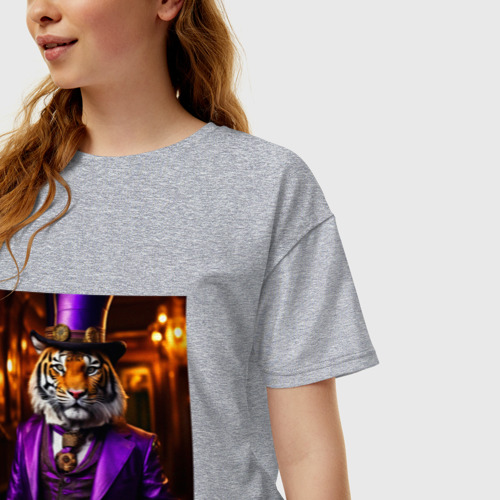 Женская футболка хлопок Oversize Тигр в сиреневом костюме стиль стимпанк, цвет меланж - фото 3