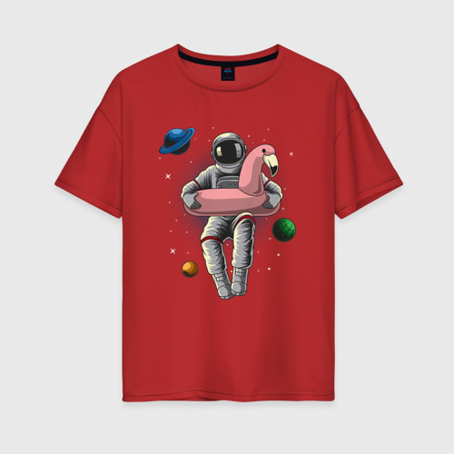 Женская футболка хлопок Oversize с принтом Космонавт в надувном фламинго, вид спереди #2