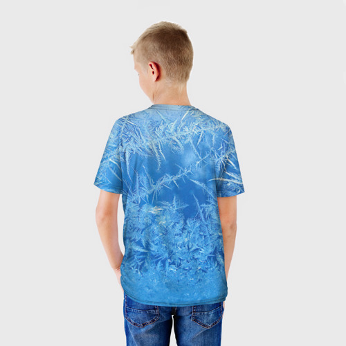 Детская футболка 3D с принтом Морозные узоры на голубом фоне, вид сзади #2