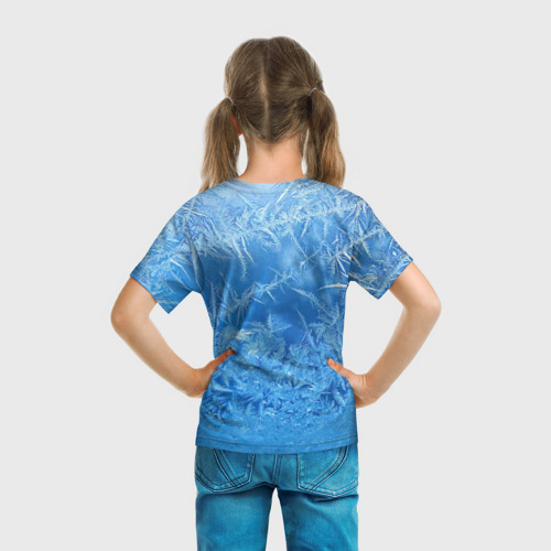 Детская футболка 3D с принтом Морозные узоры на голубом фоне, вид сзади #2