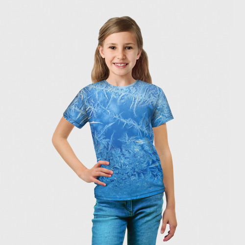 Детская футболка 3D с принтом Морозные узоры на голубом фоне, вид сбоку #3
